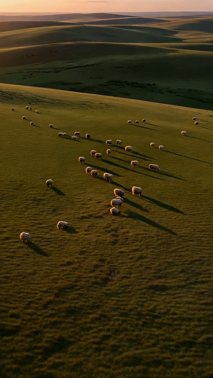 The wind sweeps the grass, revealing cows and sheep