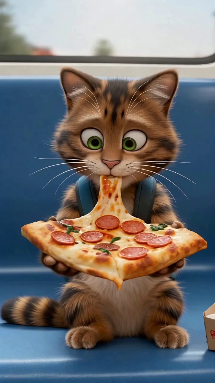 A kitten that loves pizza